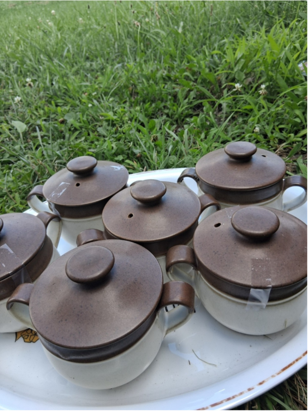 1960s Denby Langley England Stoneware Brown Cream Pottery LiddedIndividual X 6